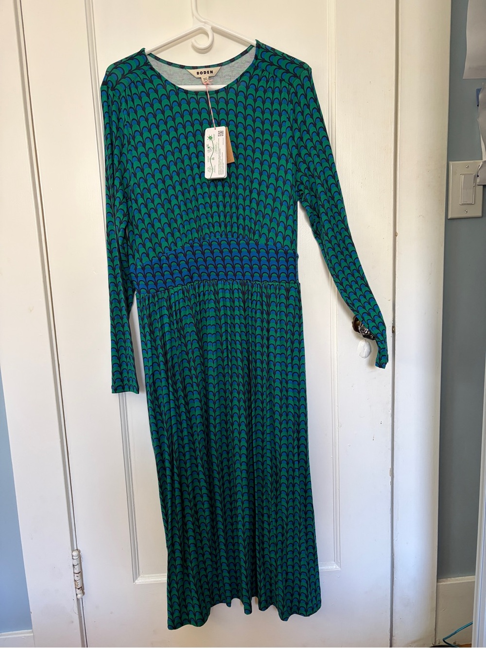 Boden Green and Blue Long Sleeve Patterned Midi Dress